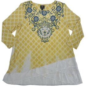 NWT JM Yellow Geometric Medallion Layered Tunic Top M (Fits Large)